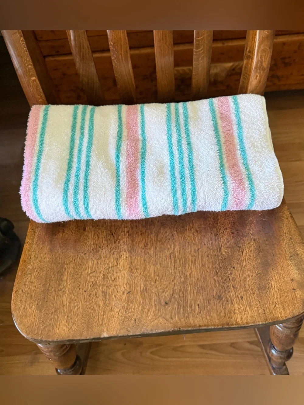 Vintage Pastel Pink and Teal Striped Bath Towel 24x42